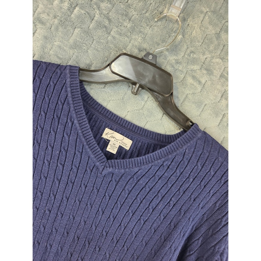 Kim Rogers Navy Blue Cable Knit V-Neck Cotton Sweater Woman 2X Pullover